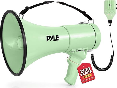 Pyle 50W Megaphone Bullhorn - Portable, Automatic Siren & Adjustable Volume,Projection Range Up to 1200 Square Yards, Aux Input, Talk, Siren, Music, Whistle, & Record, Shoulder Strap (Green) in Saudi Arabia