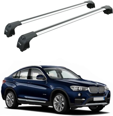قضبان متقاطعة لحامل السقف لسيارة BMW X4 (2014-2026) F26، G02، 330 رطلًا أقصى حمولة قضبان T-Slot من الألومنيوم شديدة التحمل قابلة للقفل بدون حفر (فضي، 2014-2019 (F26) قضبان متقاطعة لحامل السقف وقضبان متدفقة) in Kuwait