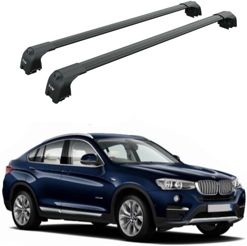 قضبان متقاطعة لحامل السقف لسيارة BMW X4 (2014-2026) F26، G02، 330 رطلًا أقصى حمولة قضبان T-Slot من الألومنيوم شديدة التحمل قابلة للقفل بدون حفر (فضي، 2014-2019 (F26) قضبان متقاطعة لحامل السقف وقضبان متدفقة) in Kuwait