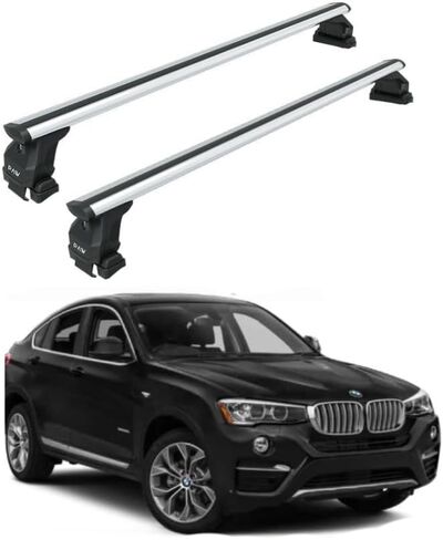 قضبان متقاطعة لحامل السقف لسيارة BMW X4 (2014-2026) F26، G02، 330 رطلًا أقصى حمولة قضبان T-Slot من الألومنيوم شديدة التحمل قابلة للقفل بدون حفر (فضي، 2014-2019 (F26) قضبان متقاطعة لحامل السقف وقضبان متدفقة) in Kuwait