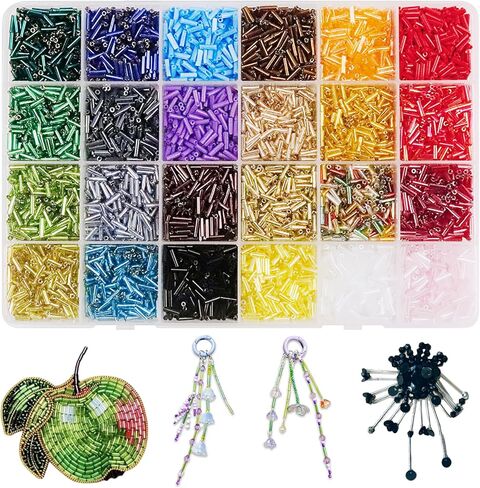 24 Colors Tube Beads Kit, 7.6Oz Glass Bugle Beads, 0.24×0.08 Inch Small Seed, Ideal for DIY Bracelets, Necklaces, Embroidery and Handmade Gifts Decoration in Kuwait