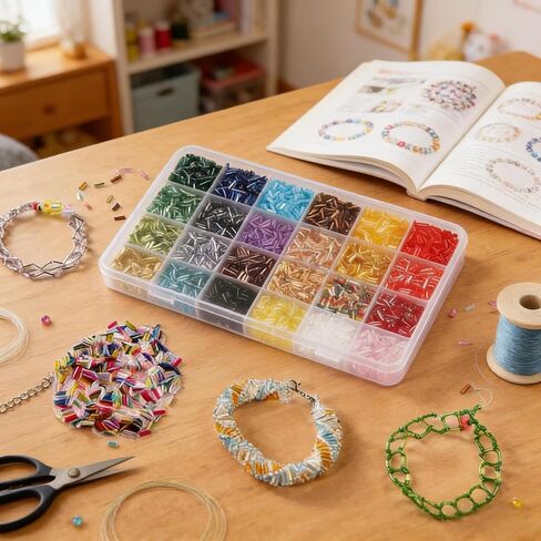 24 Colors Tube Beads Kit, 7.6Oz Glass Bugle Beads, 0.24×0.08 Inch Small Seed, Ideal for DIY Bracelets, Necklaces, Embroidery and Handmade Gifts Decoration in Kuwait