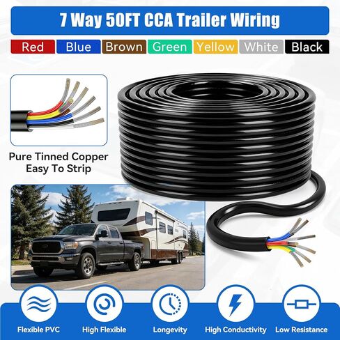 7 Way Trailer Wire 50FT | Heavy Duty 14 Gauge 7 Pin Trailer Wiring Harness Kit | Color-Coded PVC Jacket | Flexible 7 Conductor Insulated Cable for RV, Camper, Truck, Boat, Utility Trailers in Kuwait