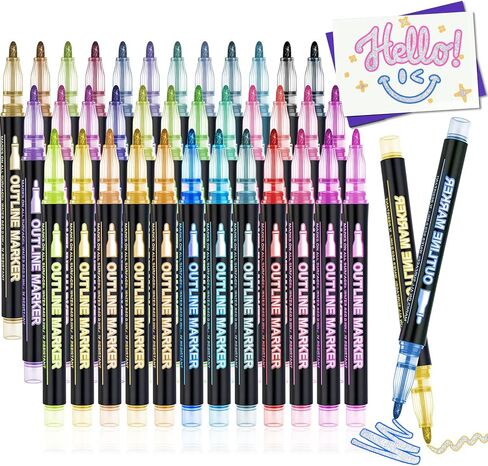 24 Colors Outline Glitter Markers Self Outline Pens Metallic Marker Shimmer Outline Pen Metallic Glitter Gel Pens for Coloring, Outline Shimmer Markers Gift Kids Arts Crafts Scrapbook Drawing in Kuwait