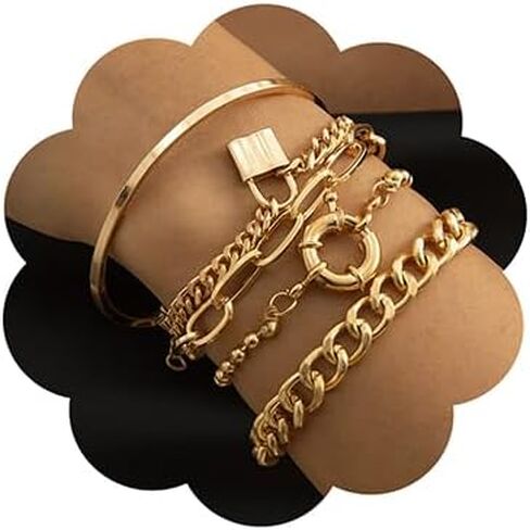 fxmimior boho الأزياء لذيذ بوهو الذهب والفضة سلسلة تكويم قفل الأساور مجموعة للنساء قابل للتعديل مطرز مكتنزة شقة كابل سلسلة فاسق أساور مجوهرات للنساء الفتيات هدية مجموعة من 5 in Saudi Arabia