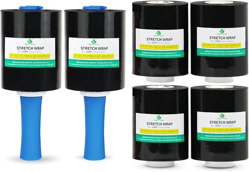 BOMEI PACK Black 6 Pack Industrial Mini Stretch Wrap with 2 Handles 5" 1000ft 80 Gauge for Pallet Film, Durable Self-Adhering Plastic Wrap for Packing,Shipping, Moving, Heavy Duty in Kuwait