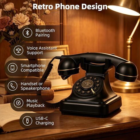 Vintage Bluetooth Phone, Retro Desk Telephone with Gold Accents, Connects to Smartphone via Bluetooth, Voice Assistant Support, Loud Nostalgic Ringtones for Home & Office,Black in Kuwait