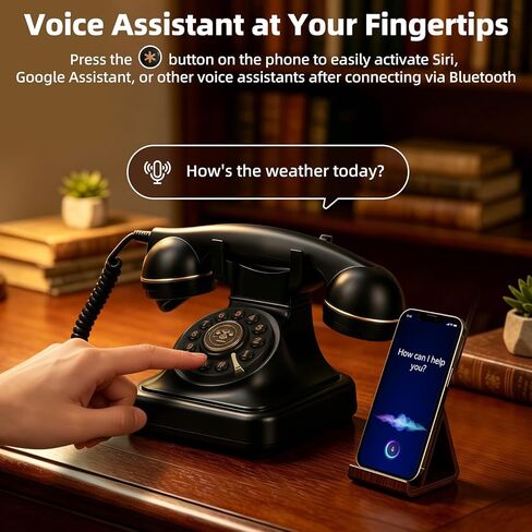 Vintage Bluetooth Phone, Retro Desk Telephone with Gold Accents, Connects to Smartphone via Bluetooth, Voice Assistant Support, Loud Nostalgic Ringtones for Home & Office,Black in Kuwait
