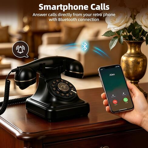 Vintage Bluetooth Phone, Retro Desk Telephone with Gold Accents, Connects to Smartphone via Bluetooth, Voice Assistant Support, Loud Nostalgic Ringtones for Home & Office,Black in Kuwait