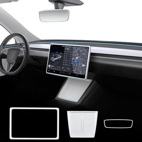 Wigoo 3PCS Center Console Accessories for Tesla Model Y Juniper [Wireless Charger Mat, 15.4'' Screen Edge Cover, Rearview Mirror Cover] for Model Y Juniper (Premium and Performance Only), White in Kuwait
