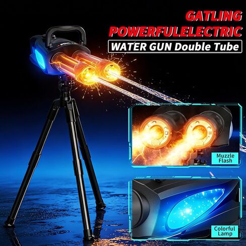 Gatling Electric Water Gun for Kids & Adults - Rotating Double Barrel Squirt Gun with Stand and LED Light, Long Range Automatic Water Guns with Backpack, Outdoor Water Blaster Pistol Pool Party Toys in Kuwait