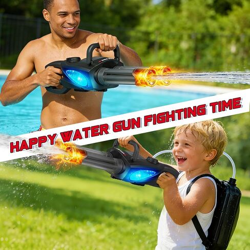 Gatling Electric Water Gun for Kids & Adults - Rotating Double Barrel Squirt Gun with Stand and LED Light, Long Range Automatic Water Guns with Backpack, Outdoor Water Blaster Pistol Pool Party Toys in Kuwait