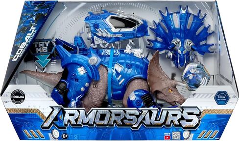 Armor-Up Triceratops Dinosaur Cobalt Toy Figure with 7 Removable Armor Pieces, Tail-Triggered Chomp, Pilot Pod Compatible, 8.9" H x14.7 L, Kids, Boys, Girls, Ages 6+ in Kuwait