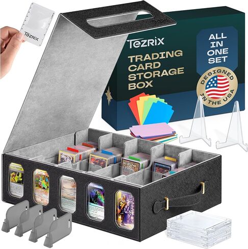 5-row Trading Card Storage Box with Display Windows | Magnifier Ruler, 2 Display Stands, 7 Cardholders & 24 Category Tabs Included | 3900+ Card Case with Magnetic Closure, Black Red Card Box in Kuwait