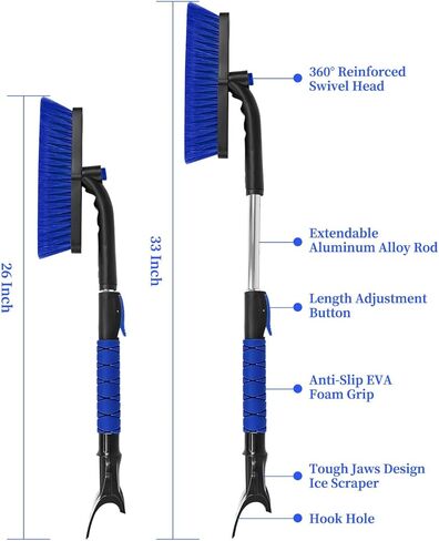 SEAAES 33 Inch Snow Brush and Ice Scraper for Car Windshield, Extendable Snow Scraper and Brush with Foam Grip for Truck SUV Vehicle Window - Blue in Kuwait