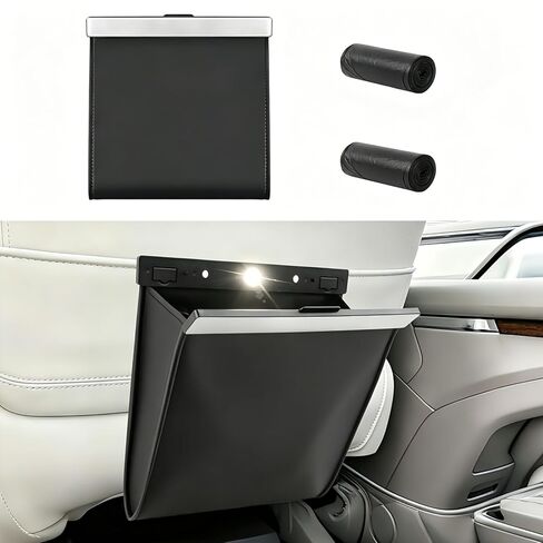 Leather Car Trash Can with Smart LED Light & Magnetic Closure, Hanging Car Trash Bag, Small Car Trash Can, Leak-Proof, Odor-Lock Car Trash Bin for Any Cars, Sedans, SUVs, Trucks, Black in Kuwait