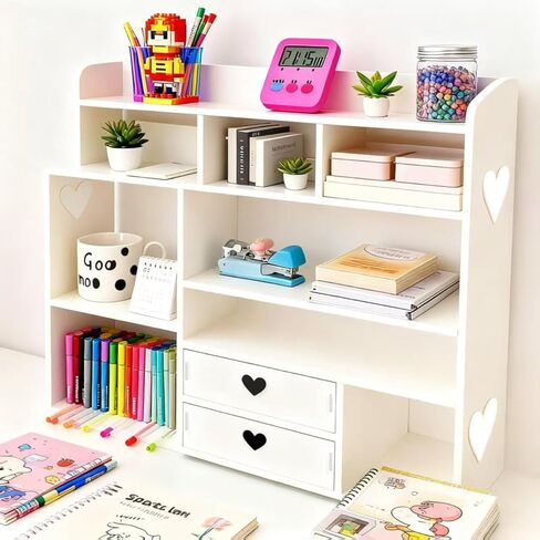 White Heart Drawer Bookshelf, Desktop Organizer with Shelves & Heart-Shaped Drawer for Desk, Office, Dorm - Display Storage for Books, Decor, Makeup, Stationery(White), (Upgrade) in Kuwait