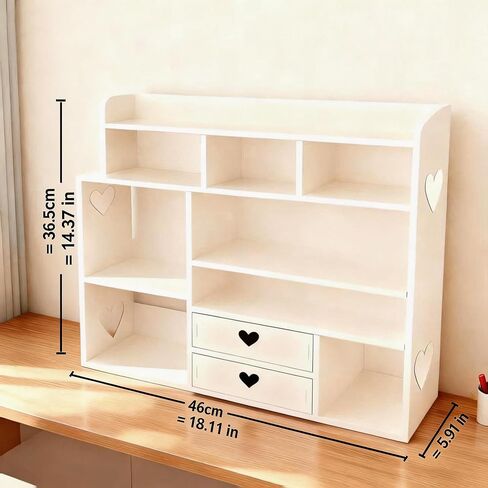 White Heart Drawer Bookshelf, Desktop Organizer with Shelves & Heart-Shaped Drawer for Desk, Office, Dorm - Display Storage for Books, Decor, Makeup, Stationery(White), (Upgrade) in Kuwait
