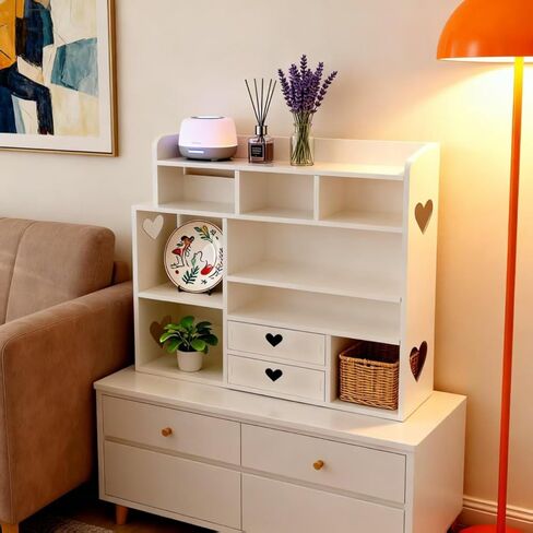White Heart Drawer Bookshelf, Desktop Organizer with Shelves & Heart-Shaped Drawer for Desk, Office, Dorm - Display Storage for Books, Decor, Makeup, Stationery(White), (Upgrade) in Kuwait