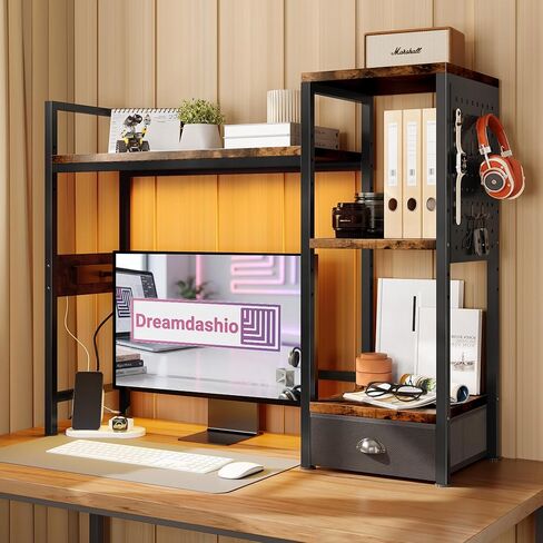 DreamDashio Desk Hutch with Shelves & Outlets, Desktop Bookshelf Organizer with RGB Lights, Storage Drawer & Pegboard, Anti‑Tip Strap for Gaming/Office/Dorm in Kuwait