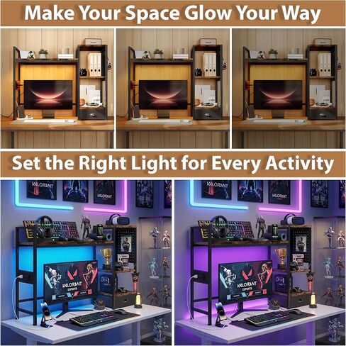 DreamDashio Desk Hutch with Shelves & Outlets, Desktop Bookshelf Organizer with RGB Lights, Storage Drawer & Pegboard, Anti‑Tip Strap for Gaming/Office/Dorm in Kuwait