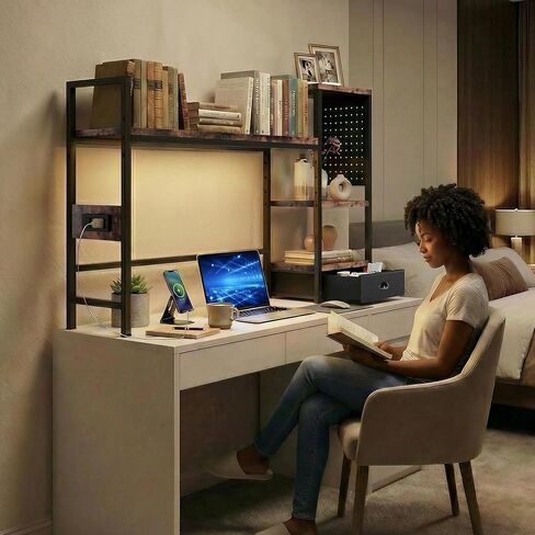 DreamDashio Desk Hutch with Shelves & Outlets, Desktop Bookshelf Organizer with RGB Lights, Storage Drawer & Pegboard, Anti‑Tip Strap for Gaming/Office/Dorm in Kuwait