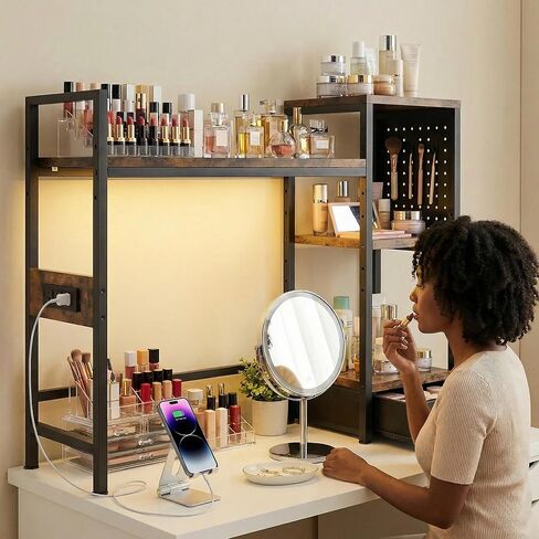 DreamDashio Desk Hutch with Shelves & Outlets, Desktop Bookshelf Organizer with RGB Lights, Storage Drawer & Pegboard, Anti‑Tip Strap for Gaming/Office/Dorm in Kuwait
