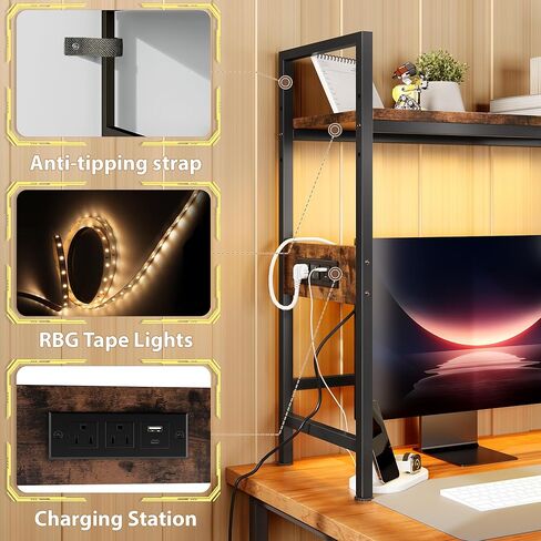 DreamDashio Desk Hutch with Shelves & Outlets, Desktop Bookshelf Organizer with RGB Lights, Storage Drawer & Pegboard, Anti‑Tip Strap for Gaming/Office/Dorm in Kuwait