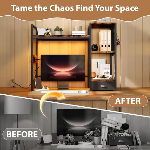 DreamDashio Desk Hutch with Shelves & Outlets, Desktop Bookshelf Organizer with RGB Lights, Storage Drawer & Pegboard, Anti‑Tip Strap for Gaming/Office/Dorm in Kuwait