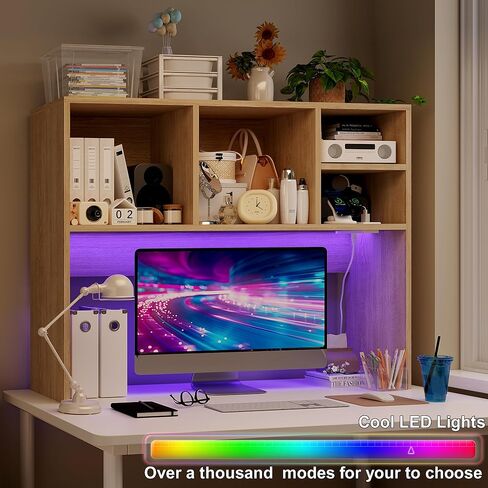 منظم رف الكتب لسطح المكتب من DreamDashio مع منفذ وإضاءة RGB، كوخ مكتب خشبي متعدد الأغراض من طبقتين للألعاب، والمكتب المنزلي، والنوم، باللون الأبيض البلوط in Kuwait