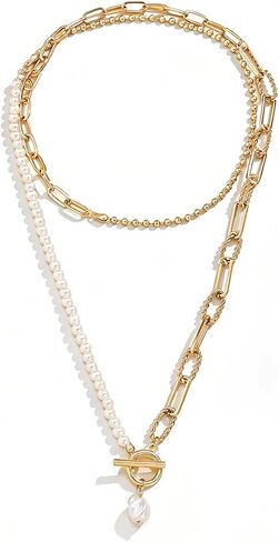 Pearl Paperclip Necklace Toggle Clasp Necklace Statement Pendant Pearl Chains Ball Chain Layered Choker Necklace Girls Jewelry Gift for Women in Saudi Arabia