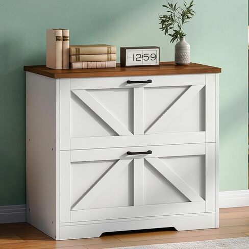 HOOBRO 2 Drawer File Cabinet, Farmhouse Lateral Filing Cabinet for Letter/A4/Legal Size, Large Wooden Office Storage Cabinet, Printer Stand for Home Office, White and Walnut WH48WJ01 in Kuwait