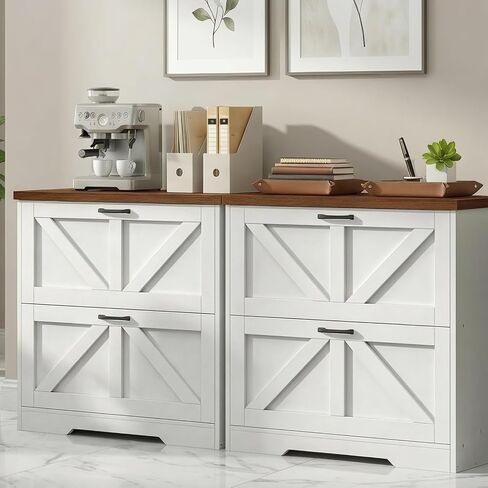 HOOBRO 2 Drawer File Cabinet, Farmhouse Lateral Filing Cabinet for Letter/A4/Legal Size, Large Wooden Office Storage Cabinet, Printer Stand for Home Office, White and Walnut WH48WJ01 in Kuwait