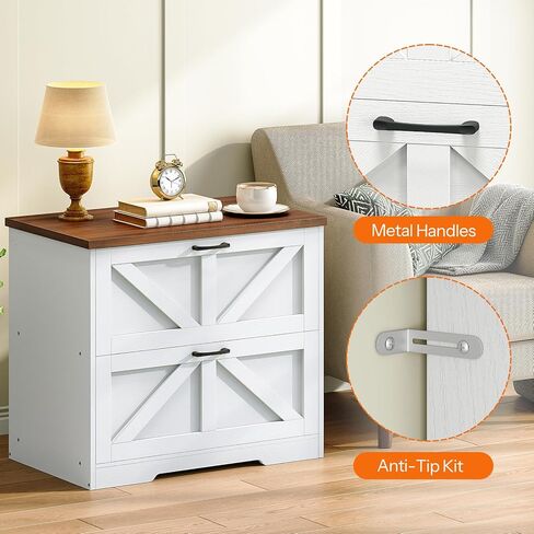 HOOBRO 2 Drawer File Cabinet, Farmhouse Lateral Filing Cabinet for Letter/A4/Legal Size, Large Wooden Office Storage Cabinet, Printer Stand for Home Office, White and Walnut WH48WJ01 in Kuwait