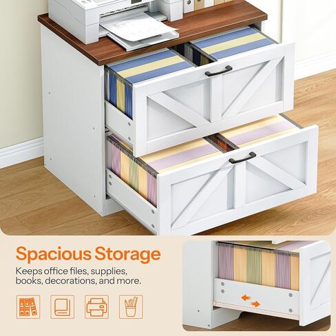 HOOBRO 2 Drawer File Cabinet, Farmhouse Lateral Filing Cabinet for Letter/A4/Legal Size, Large Wooden Office Storage Cabinet, Printer Stand for Home Office, White and Walnut WH48WJ01 in Kuwait