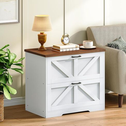 HOOBRO 2 Drawer File Cabinet, Farmhouse Lateral Filing Cabinet for Letter/A4/Legal Size, Large Wooden Office Storage Cabinet, Printer Stand for Home Office, White and Walnut WH48WJ01 in Kuwait