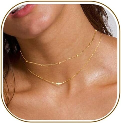 2Pcs Cross Necklace for Women, 14K Gold Filled/Sterling Silver Chain Necklace Simple Satellite Paperclip Choker Necklace Dainty Layered Sideways Cross Necklace Minimalist Trendy Jewelry Gifts in Saudi Arabia