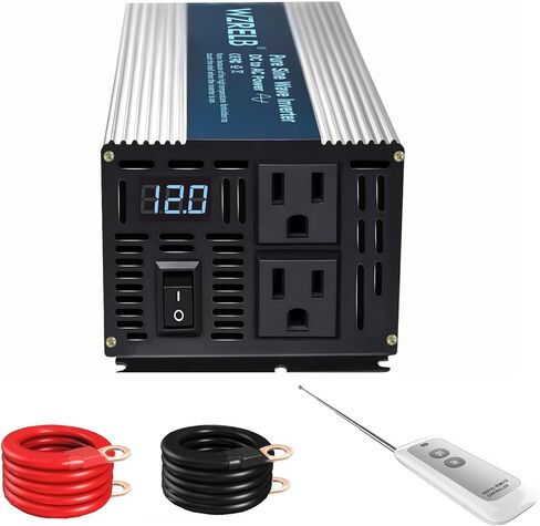 WZRELB 1000W محول موجة جيبية نقية 12V DC إلى 110V 120V AC محول طاقة مع شاشة LED، وحدة تحكم عن بعد، عاكس طاقة خارج الشبكة 2000W Surge للمنزل، RV، شاحنة، تخييم in Kuwait