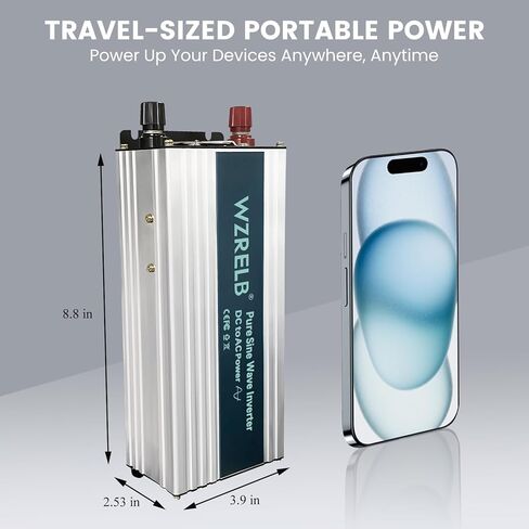 WZRELB 1000W محول موجة جيبية نقية 12V DC إلى 110V 120V AC محول طاقة مع شاشة LED، وحدة تحكم عن بعد، عاكس طاقة خارج الشبكة 2000W Surge للمنزل، RV، شاحنة، تخييم in Kuwait