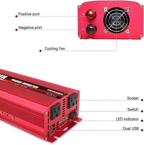 Cantonape 1500W DC 12V إلى 110V / 120V AC عاكس الطاقة مع منافذ تيار متردد مزدوجة 3.1A USB محول سيارة للسيارة والمنزل والشاحنة في الهواء الطلق باللون الأحمر in Kuwait