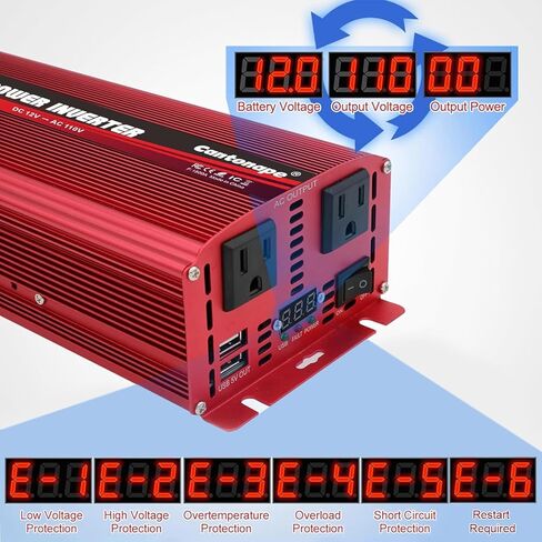 Cantonape 1500W DC 12V إلى 110V / 120V AC عاكس الطاقة مع منافذ تيار متردد مزدوجة 3.1A USB محول سيارة للسيارة والمنزل والشاحنة في الهواء الطلق باللون الأحمر in Kuwait