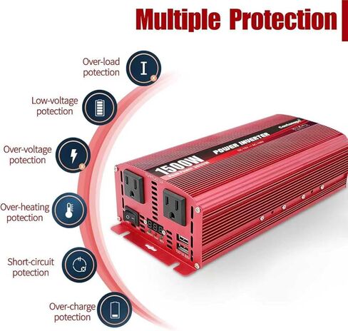Cantonape 1500W DC 12V إلى 110V / 120V AC عاكس الطاقة مع منافذ تيار متردد مزدوجة 3.1A USB محول سيارة للسيارة والمنزل والشاحنة في الهواء الطلق باللون الأحمر in Kuwait