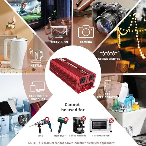 Cantonape 1500W DC 12V إلى 110V / 120V AC عاكس الطاقة مع منافذ تيار متردد مزدوجة 3.1A USB محول سيارة للسيارة والمنزل والشاحنة في الهواء الطلق باللون الأحمر in Kuwait