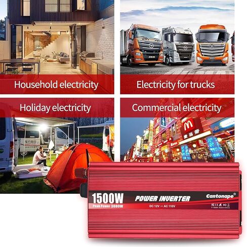 Cantonape 1500W DC 12V إلى 110V / 120V AC عاكس الطاقة مع منافذ تيار متردد مزدوجة 3.1A USB محول سيارة للسيارة والمنزل والشاحنة في الهواء الطلق باللون الأحمر in Kuwait