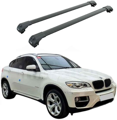 يناسب قضبان السقف BMW X6 المتقاطعة - G06 مع سقف عاري/عادي، سعة 330 رطل، قضبان ألومنيوم على شكل حرف T، قابلة للقفل، شديدة التحمل، تركيب بدون مثقاب (أسود) in Kuwait