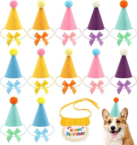 12pcs Mini Party Hats and Scarf for Stuffed Animals, Birthday Party Cone Hats Dog Cat Rabbit Decoration Clothing Accessories Gift in Kuwait
