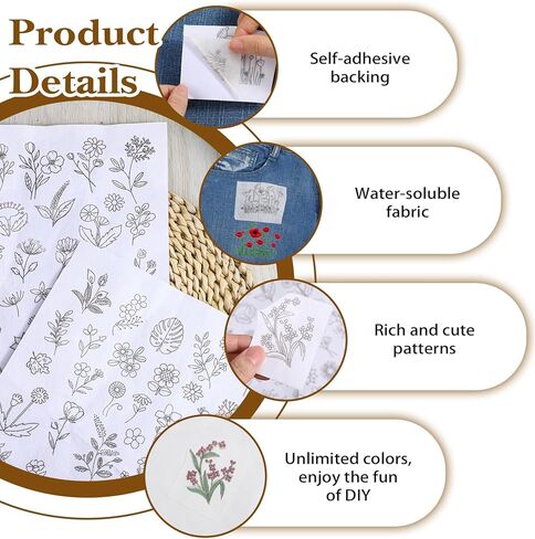 72 Pcs Embroidery Water Soluble Patterns, Flower Pattern Water Soluble Stabilizer, Pre-Printed Stick & Stitch Transfers for Hand Embroidery, DIY Clothing, and Craft Decoration in Kuwait