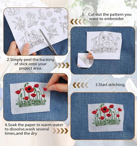 72 Pcs Embroidery Water Soluble Patterns, Flower Pattern Water Soluble Stabilizer, Pre-Printed Stick & Stitch Transfers for Hand Embroidery, DIY Clothing, and Craft Decoration in Kuwait