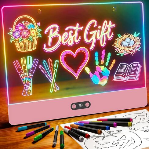 Rechargeable LED Drawing Board for Kids, 16" Light Up Acrylic Dry Erase Led Note Board with Stand, 11 Light Effects Drawing Tablet, Birthday Holiday Toy Gifts for Kids, 12 Markers (White) in Kuwait