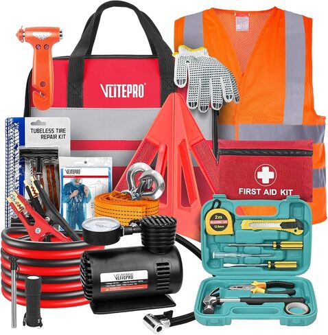 Roadside Emergency Car Kit for Vehicles, Car Emergency Kit with Jumper Cables, Air Compressor, First Aid Kit, Car Safety Tool Kits, Road Trip Assistance for Men, Women, New Driver Gifts in Kuwait